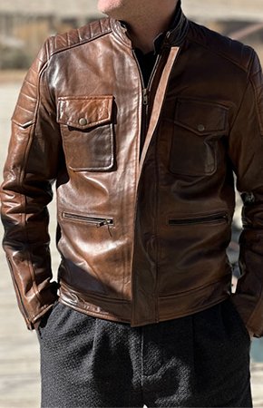 Brown leather jacket with multiple pockets